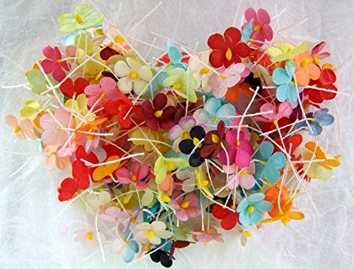 ICRAFY 200 pcs. Assorted Tiny Daisy Mulberry Paper Flower White Rope Wire Artificial Craft Scrapbook Wedding Supply Accessory DIY, Assorted Color, Size 1.5 cm. - Image 1
